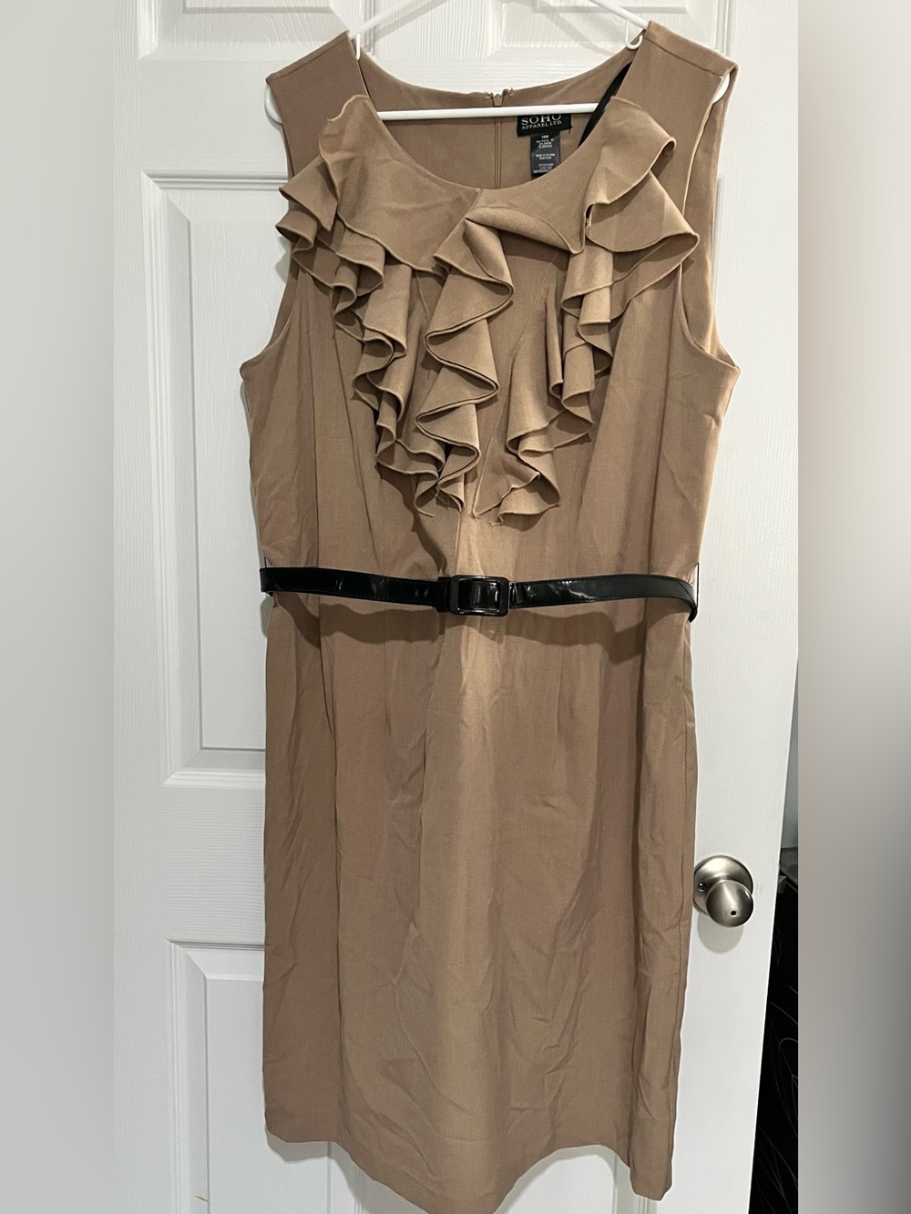 Soho Apparel Tan Ruffle Front Midi Dress with Black Belt